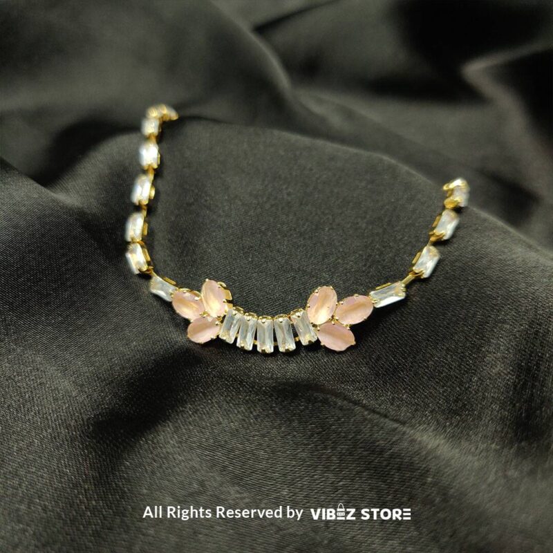 Elegant Rose Pink and Crystal Bracelet with delicate floral design, set in a golden-tone band, from VibezStore