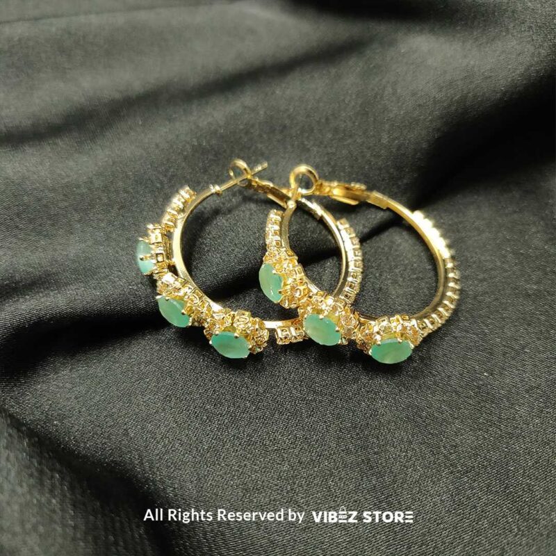 Mint Green Crystal Hoop Earrings with gold-tone settings, delicate mint green gemstones, and crystal accents from VibezStore