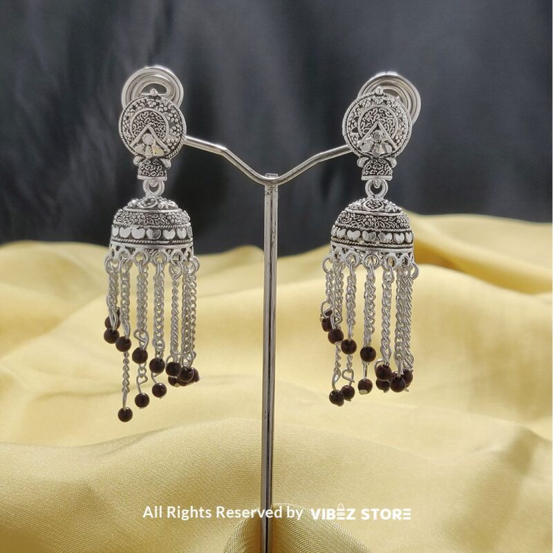 Oxidized Silver Dangle Chain Jhumka Earrings with intricate detailing, cascading chains, and black bead accents from VibezStore