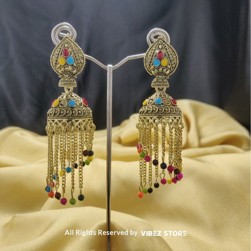 Multi-Color Beaded Gold Dangle Chain Jhumka Earrings with intricate design, vibrant beads, and cascading chains from VibezStore