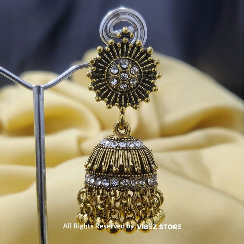 Oxidized Silver Sunburst Jhumka Earrings with intricate sunburst design and classic bell-shaped dangle from VibezStore