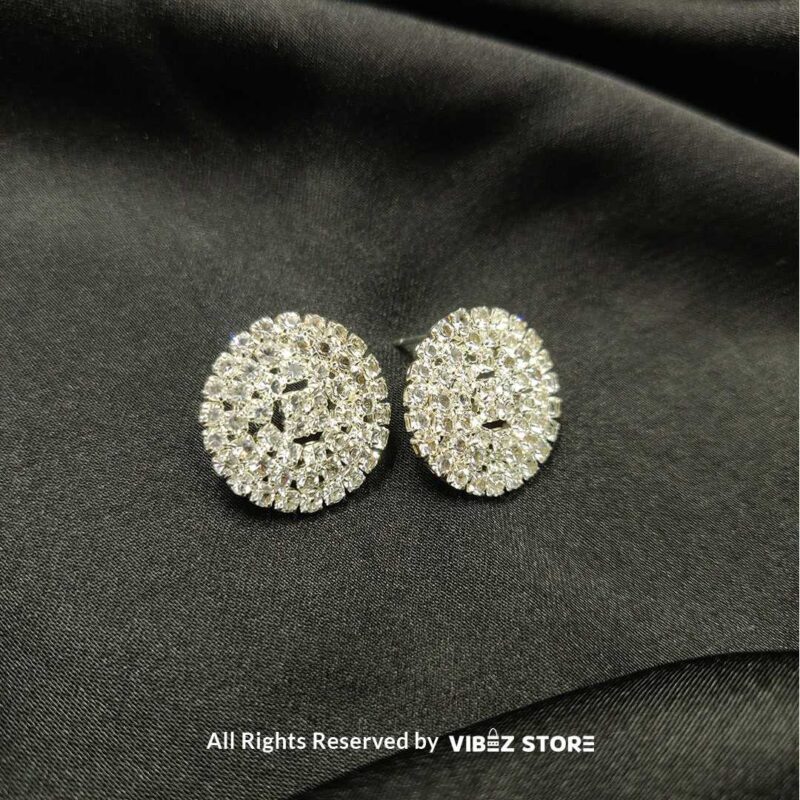 Sparkling Crystal Stud Earrings with round design, silver-tone settings, and crystal embellishments from VibezStore