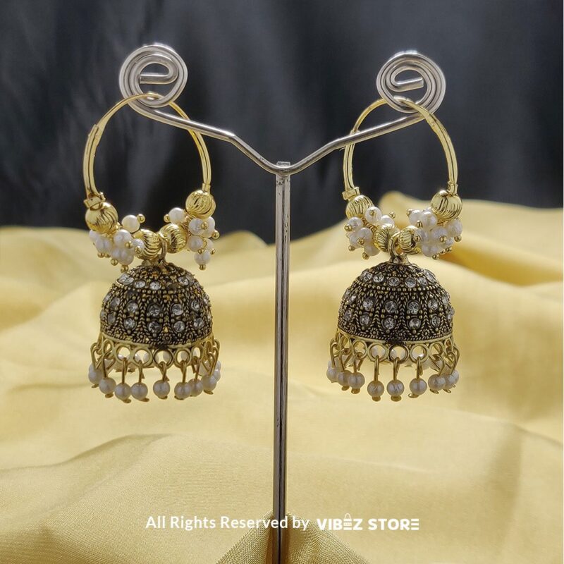 Antique Gold Jhumka Earrings with pearls and crystal accents, featuring a traditional bell-shaped design from VibezStore