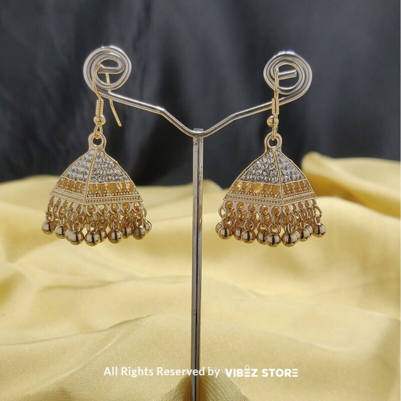 Black & Gold Jhumka Earrings with dome-shaped design, black crystal accents, and intricate gold-tone detailing from VibezStore