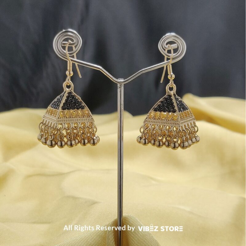 Black & Gold Jhumka Earrings with dome-shaped design, black crystal accents, and intricate gold-tone detailing from VibezStore