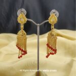 Gold Dangle Chain Earrings with Red Beads – Traditional Indian Jewelry