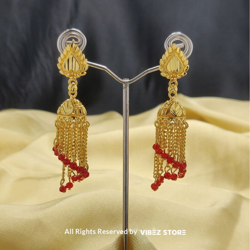 Gold Dangle Chain Earrings with intricate design, cascading chains, and red bead accents, traditional Indian jewelry from VibezStore