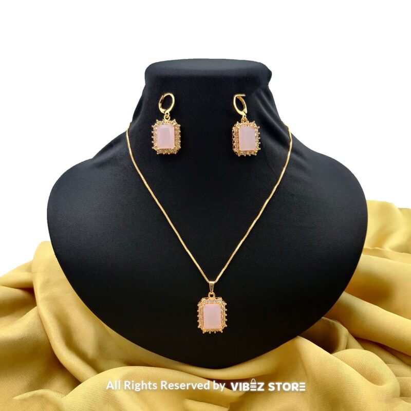 Pink Opal Pendant and Earring Set with gold-tone settings, pink opal stones, and crystal frames from VibezStore