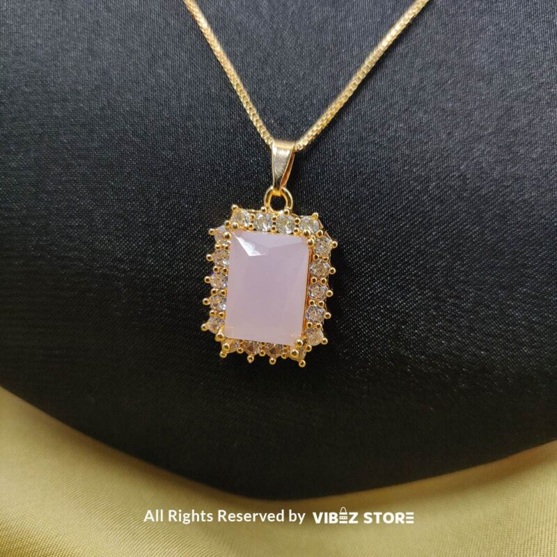 Pink Opal Pendant and Earring Set with gold-tone settings, pink opal stones, and crystal frames from VibezStore