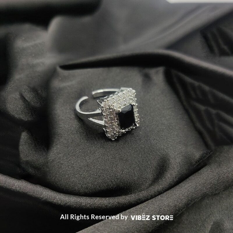 Square Black Stone Halo Ring with adjustable silver band - Vibez Store