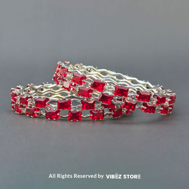 Red crystal silver bangles set for weddings and festive occasions.