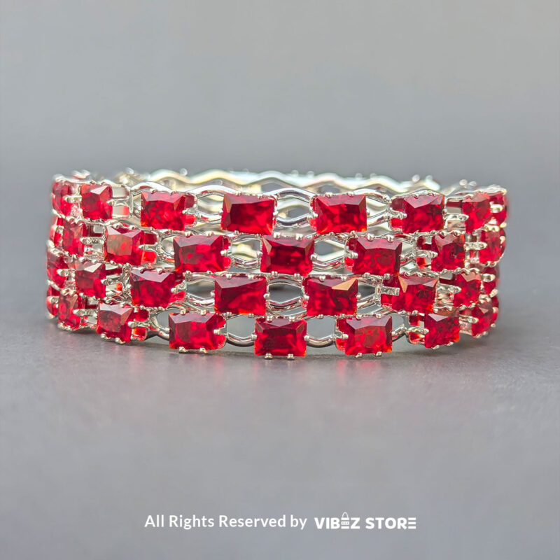 Red crystal silver bangles set for weddings and festive occasions.