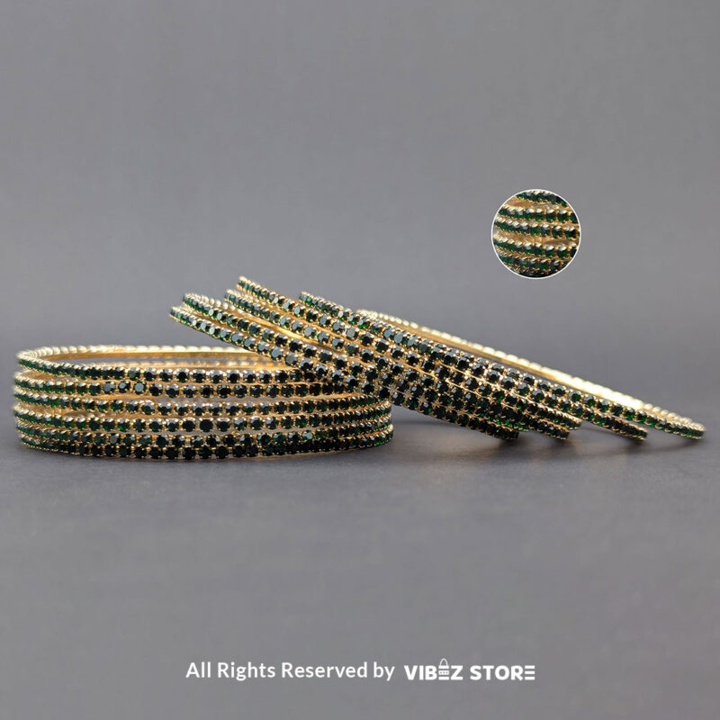 Set of green and gold bangles with stacked stones, displayed elegantly by Vibez Store.