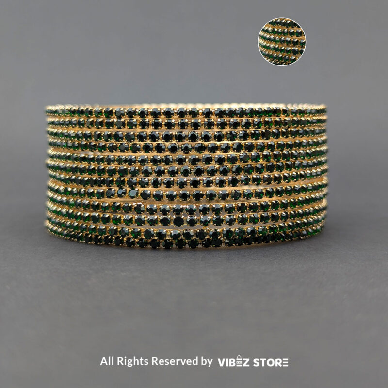 Set of green and gold bangles with stacked stones, displayed elegantly by Vibez Store.