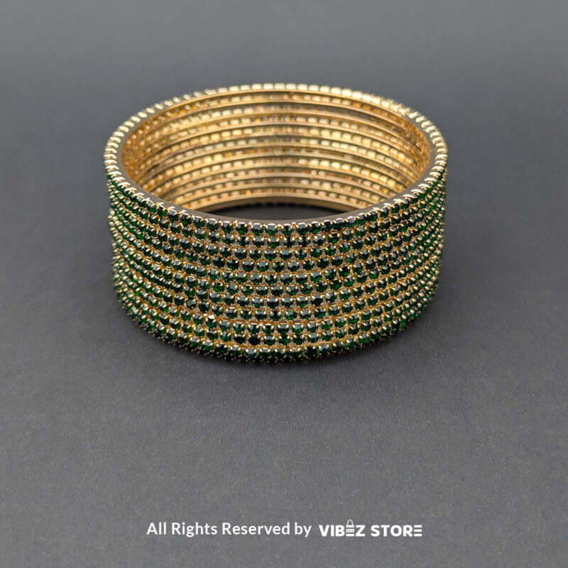 Set of green and gold bangles with stacked stones, displayed elegantly by Vibez Store.