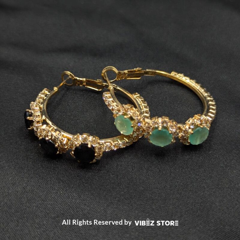 Mint Green Crystal Hoop Earrings with gold-tone settings, delicate mint green gemstones, and crystal accents from VibezStore