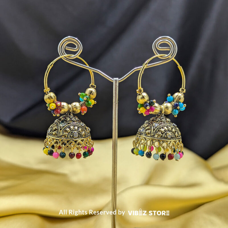 Traditional gold-tone jhumka earrings with intricate detailing and multicolor bead embellishments, ideal for ethnic wear.