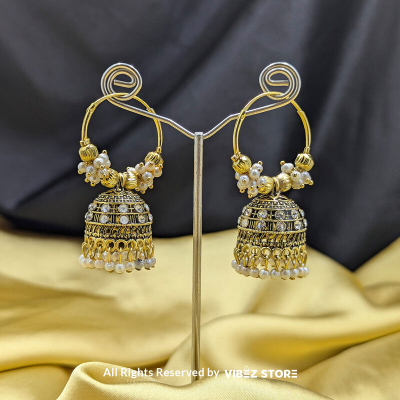 Elegant hoop Jhumka earrings with golden detailing and faux pearls in white and beige variations.