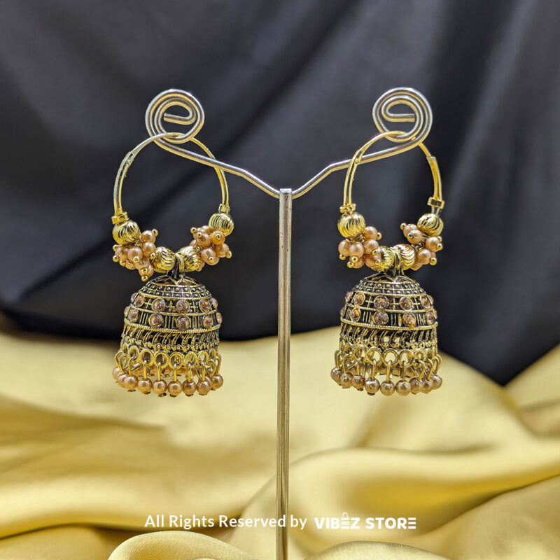 Elegant hoop Jhumka earrings with golden detailing and faux pearls in white and beige variations.