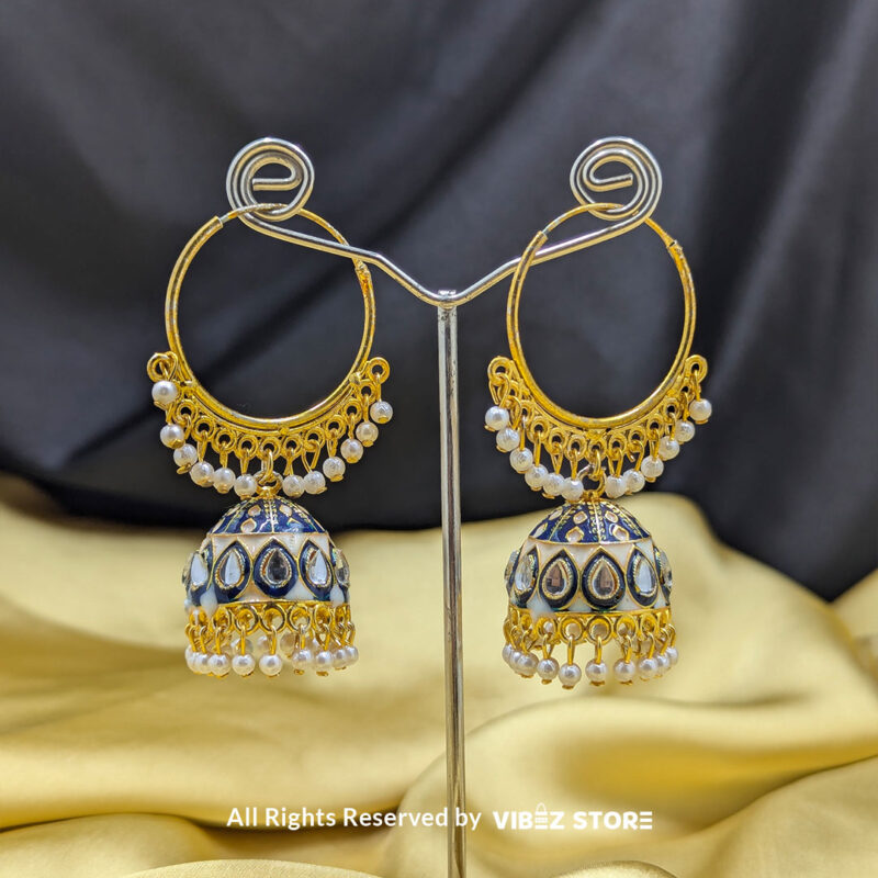 Royal blue meenakari jhumka earrings with gold-tone hoops and pearl accents.