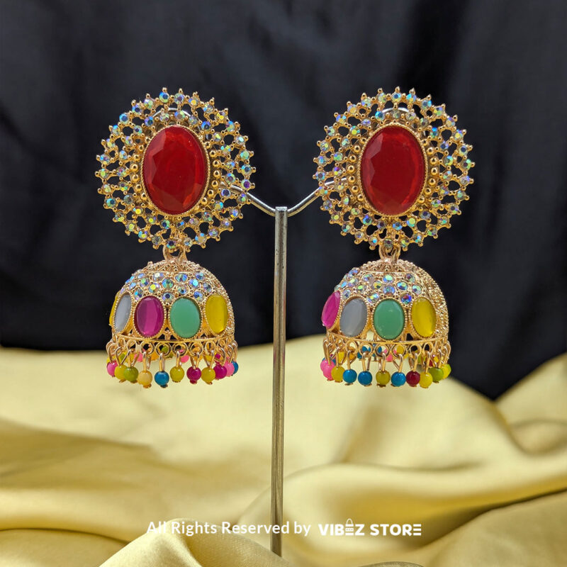 Vibrant multicolor stone jhumka earrings with bold red centerpiece, colorful accents, and intricate detailing, perfect for festive wear.