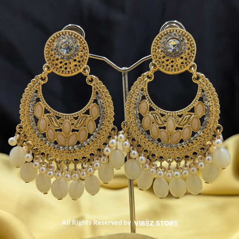 Vintage Pearl Drop Earrings with intricate gold-toned detailing, floral accents, and pearl drops, perfect for traditional occasions.