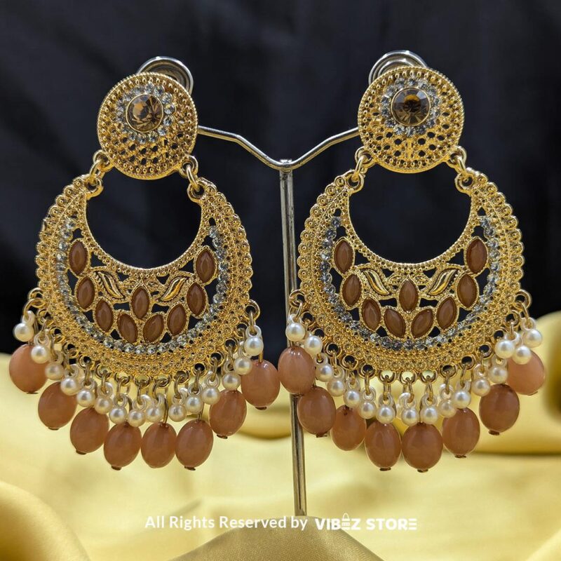 Amber Pearl Drop Earrings with gold-toned floral detailing, amber-colored accents, and pearl drops, perfect for traditional occasions.