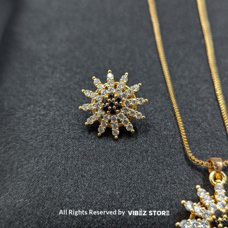 Radiant sunflower-inspired pendant and matching earrings set, crafted with sparkling crystals on a sleek black backdrop.