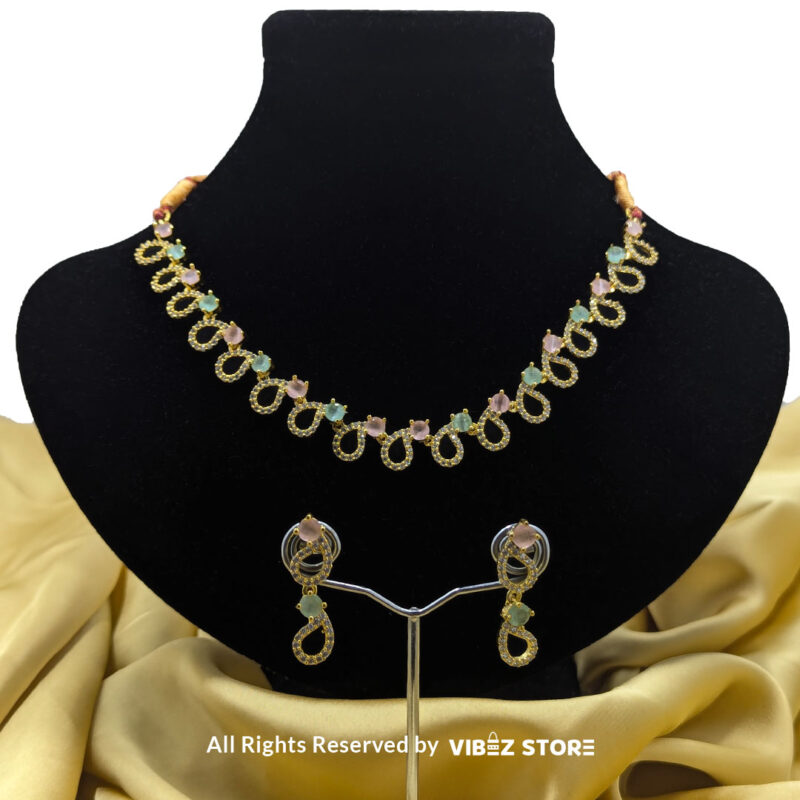 Pastel Teardrop Necklace and Earring Set with gold-tone settings and multi-colored gemstones from VibezStore