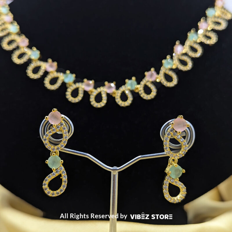 Pastel Teardrop Necklace and Earring Set with gold-tone settings and multi-colored gemstones from VibezStore