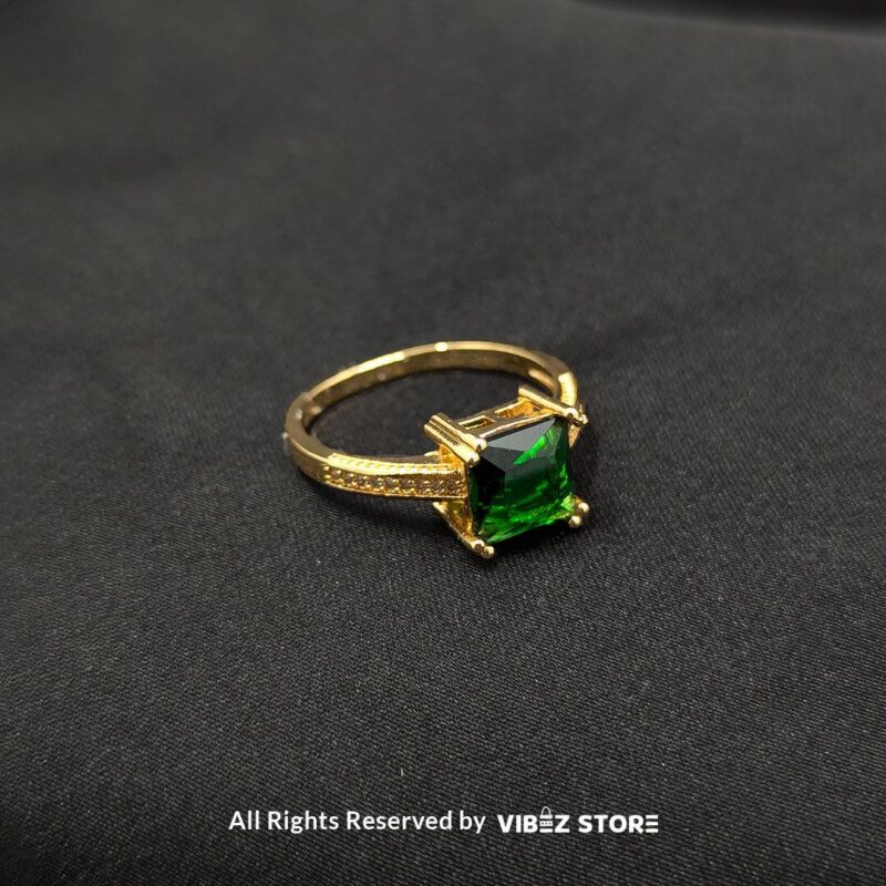 Gold-tone non-adjustable rings with square gemstones in multiple colors, including rose pink, aqua blue, emerald green, ruby red, black, crystal white, and amber gold, beautifully displayed by Vibez Store.