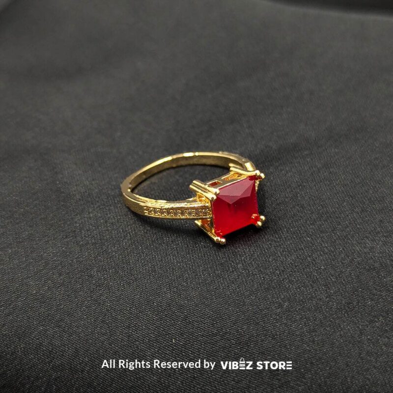 Gold-tone non-adjustable rings with square gemstones in multiple colors, including rose pink, aqua blue, emerald green, ruby red, black, crystal white, and amber gold, beautifully displayed by Vibez Store.