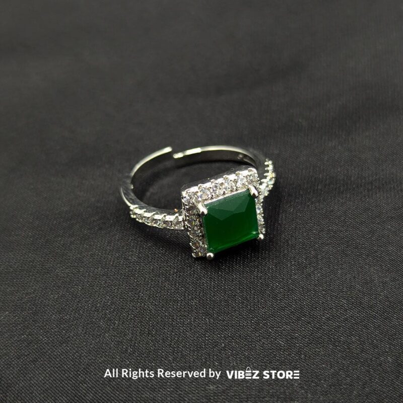 Silver-tone adjustable rings with square gemstones in aqua blue, rose pink, and emerald green, elegantly displayed by Vibez Store.