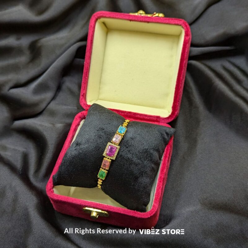 Rainbow Luxe Gemstone Bracelet 3 Rainbow Luxe Gemstone Bracelet with multicolored stones, crystal accents, and a gold-tone bead chain – Vibez Store.