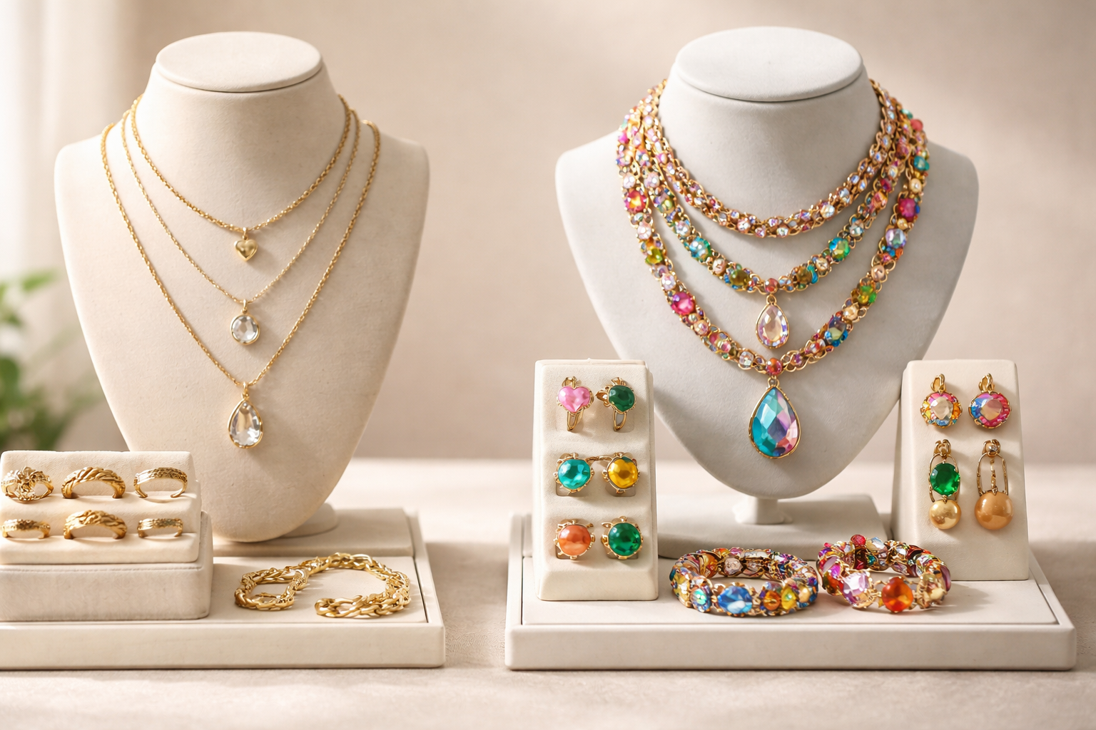 Gold Plated vs Artificial Jewellery: Which Is Better in Pakistan? (2026 Guide) 2 Side by side comparison of gold plated and artificial jewellery styles on neutral background showing design and finish differences