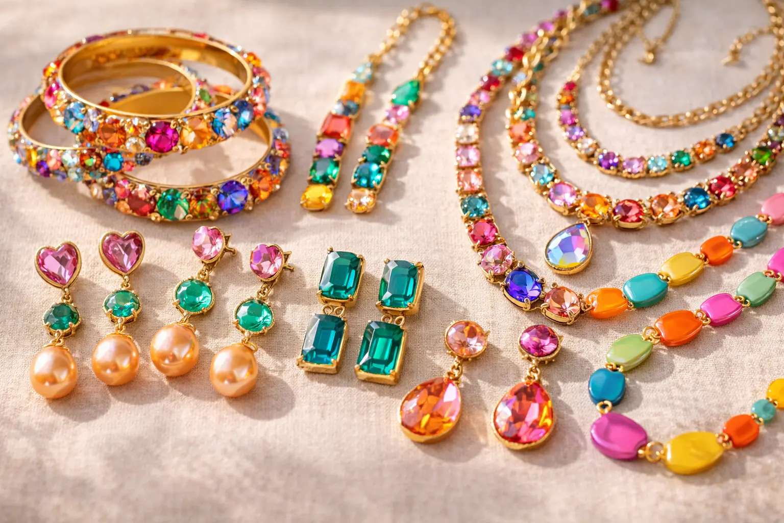 Gold Plated vs Artificial Jewellery: Which Is Better in Pakistan? (2026 Guide) 4 Assorted artificial jewellery pieces with colorful stones and mixed materials displayed on fabric background