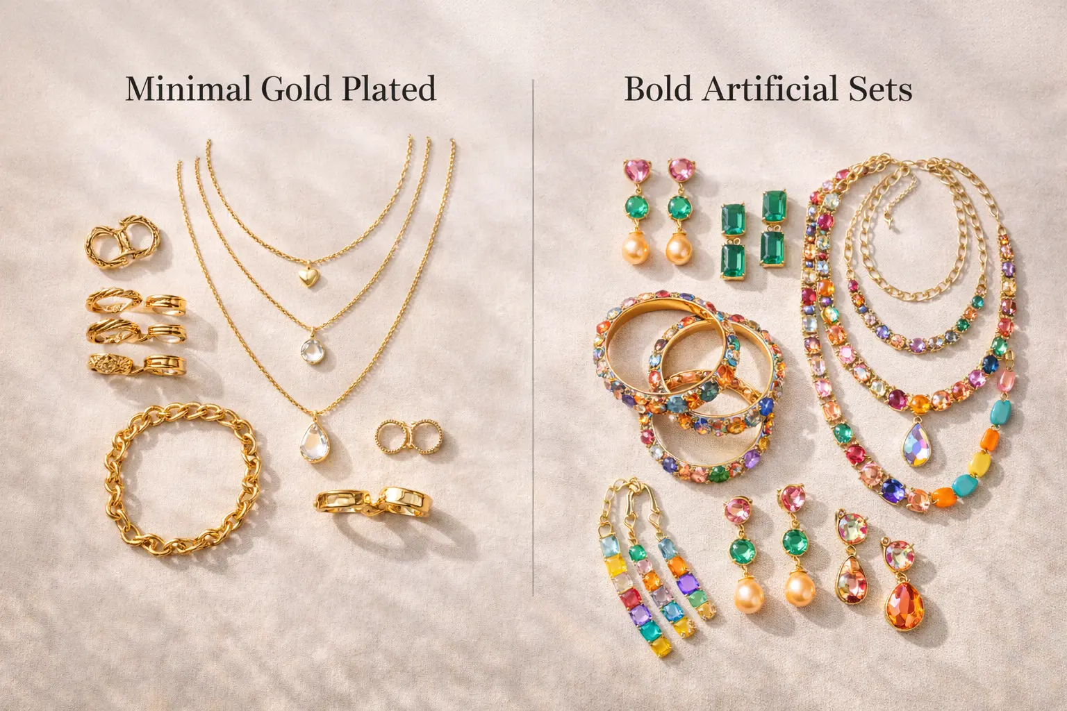 Gold Plated vs Artificial Jewellery: Which Is Better in Pakistan? (2026 Guide) 5 Flat lay comparison of minimal gold plated jewellery and bold artificial jewellery sets for buying decision clarity